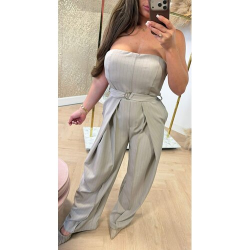 STRAPLESS STRIPE JUMPSUIT BEIGE
