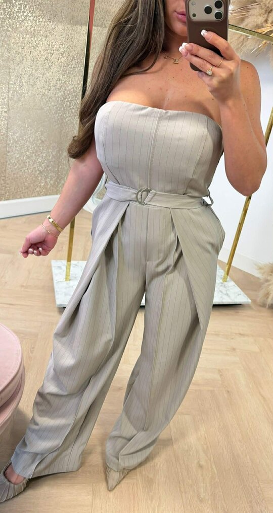 STRAPLESS STRIPE JUMPSUIT BEIGE
