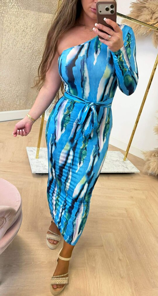 ONE SLEEVE SWIRL DRESS BLUE
