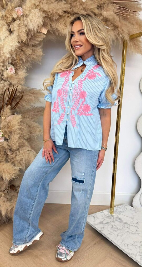 BRODERIE FLOWER BLOUSE CH5119 LIGHTBLUE