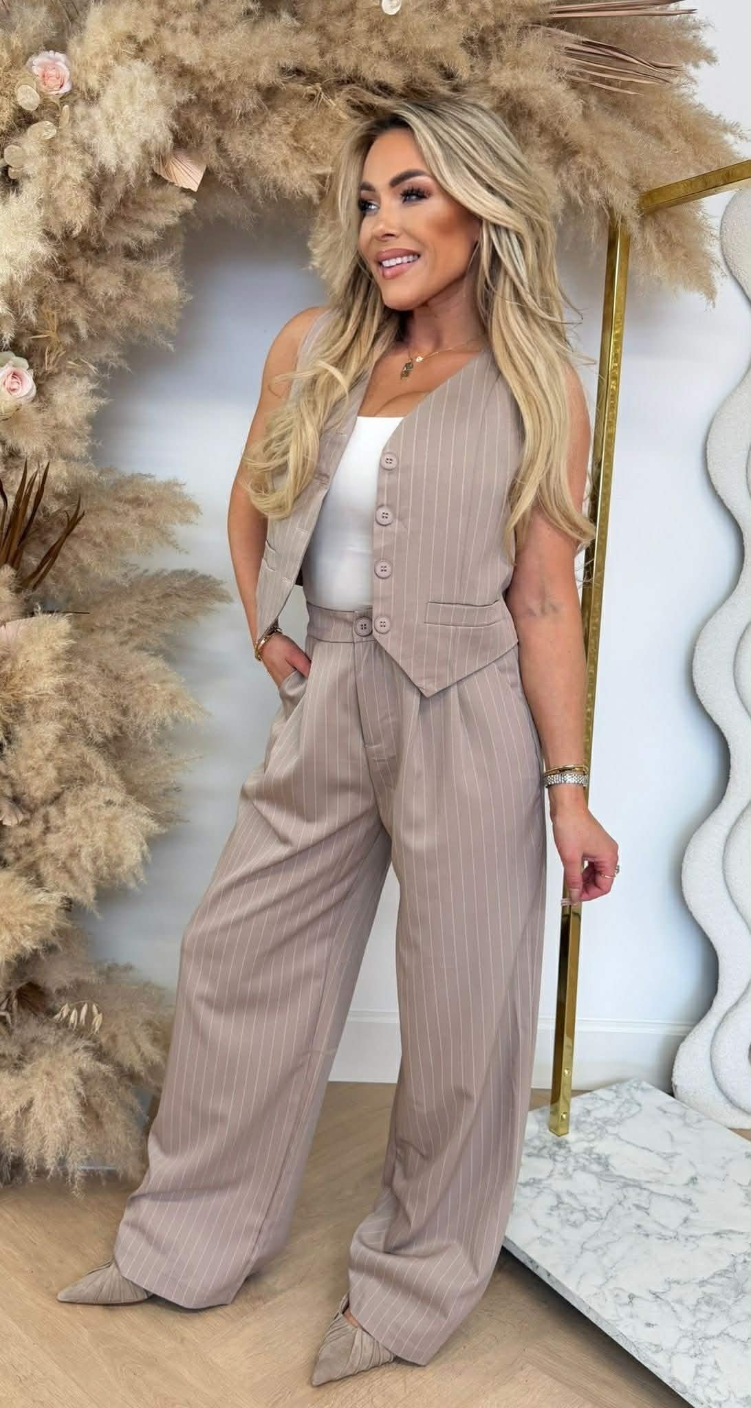 LINDE GILET STRIPE SET BEIGE