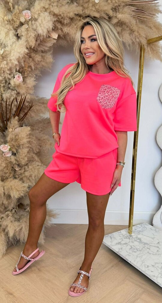 ISA LEO GLITTER POCKET SET NEONPINK