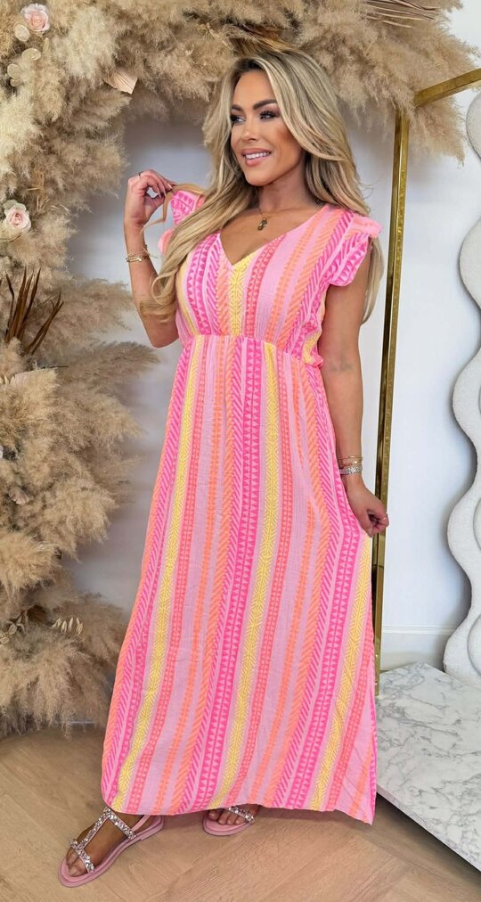 COTTON RUFFLE PRINT DRESS PRINT/PINK