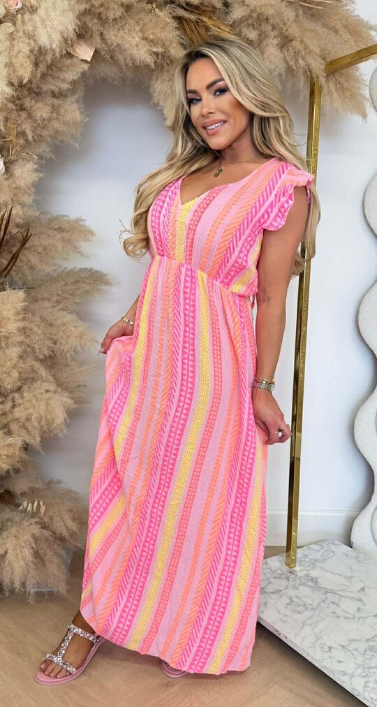 COTTON RUFFLE PRINT DRESS PRINT/PINK