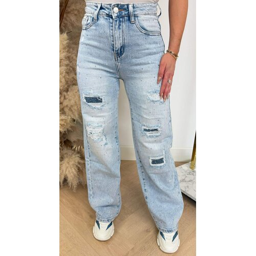 GLITTERY DAMAGDE WIDE LEG JEANS HM8667 LIGHTDENIM
