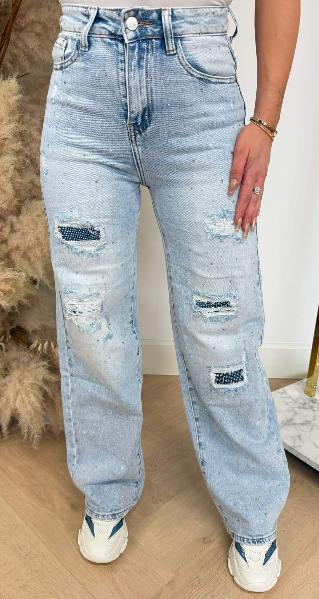 GLITTERY DAMAGDE WIDE LEG JEANS HM8667 LIGHTDENIM