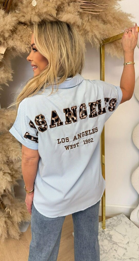 LS LEOPARD TEKST STRIPE BLOUSE R7481 BLUE