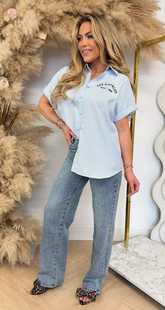 LS LEOPARD TEKST STRIPE BLOUSE R7481 BLUE