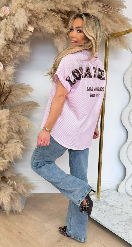 LS LEOPARD TEKST STRIPE BLOUSE R7481 PINK