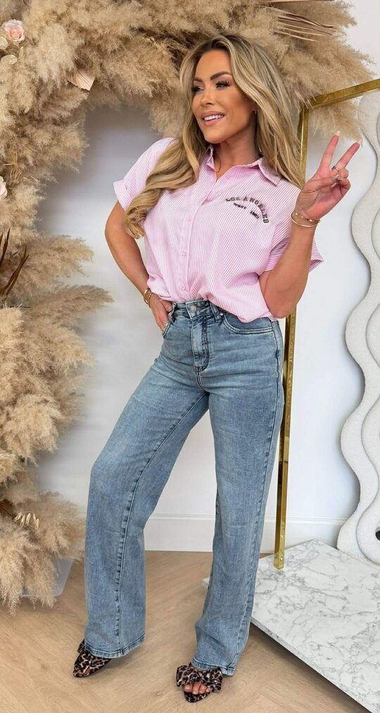 LS LEOPARD TEKST STRIPE BLOUSE R7481 PINK