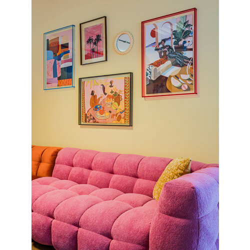 COMF Collection Toonzaalmodel Zetel Soho - Opstellling: 1 zit - stof: Royal 73 pink (cat. 14) + Hoekelement - stof: Juke 25 orange (cat. 8) + 3-zit R - stof: Boogie 73 pink (cat. 7)