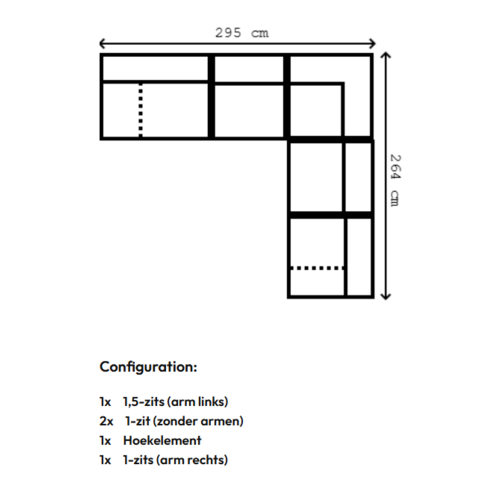 COMF Collection Zetel Oslo - Opstelling: 1,5-zit arm L + 1-zit + hoekelement + 1-zit + 1-zit arm r - Stof Levis (cat. E)