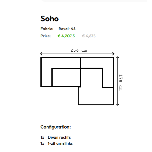 COMF Collection Soho zetel - Opstelling: 1-zit arm links + Divan rechts - Stof: Royal Cobalt 46 (cat. 14) COMF Collection Soho zetel - Opstelling: 1-zit arm links + Divan rechts - Stof: Royal Cobalt 46 (cat. 14)