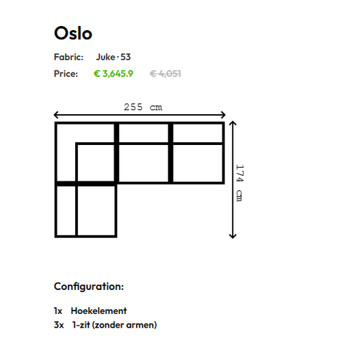 COMF Collection Oslo zetel - Opstelling: 1-zit (zonder armen) + hoekelement + 2 x 1-zit (zonder armen) - Stof: Juke 53 (cat. E) COMF Collection Oslo zetel - Opstelling: 1-zit (zonder armen) + hoekelement + 2 x 1-zit (zonder armen) - Stof: Juke 53 (cat. E)