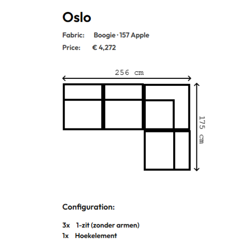 COMF Collection Oslo Zetel met Loungebed: Opstelling 1-zit + 1-zit + Hoekelement (rechts) +1-zit - Stof Boogie 157 (Apple) (Cat. G) COMF Collection Oslo Zetel met Loungebed: Opstelling 1-zit + 1-zit + Hoekelement (rechts) +1-zit - Stof Boogie 157 (Apple) (Cat. G)