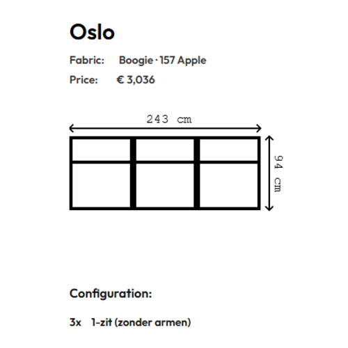 COMF Collection Oslo Zetel met Loungebed: Opstelling 1-zit + 1-zit + 1-zit - Stof Boogie 157 (Apple) (Cat. G) COMF Collection Oslo Zetel met Loungebed: Opstelling 1-zit + 1-zit + 1-zit - Stof Boogie 157 (Apple) (Cat. G)