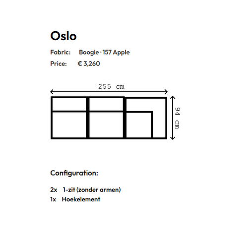 COMF Collection Oslo Zetel met Loungebed: Opstelling 1-zit + 1-zit + Hoekelement (rechts) - Stof Boogie 157 (Apple) (Cat. G) COMF Collection Oslo Zetel met Loungebed: Opstelling 1-zit + 1-zit + Hoekelement (rechts) - Stof Boogie 157 (Apple) (Cat. G)