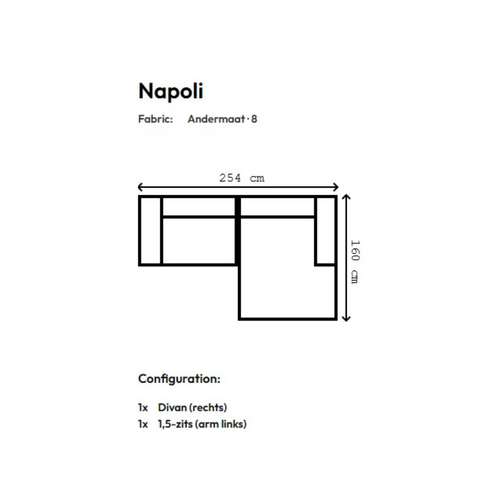 COMF Collection Napoli zetel - Opstelling: 1.5-zits (arm links) + divan (rechts) - Stof: Andermaat 8 (cat. D) COMF Collection Napoli zetel - Opstelling: 1.5-zits (arm links) + divan (rechts) - Stof: Andermaat 8 (cat. D)