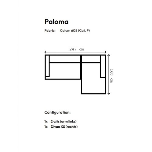 COMF Collection Paloma Zetel - Opstelling: 2-zits (arm links) + Divan XS (rechts) - in Stof: Colum, Kleur: 608 (cat. F) COMF Collection Paloma Zetel - Opstelling: 2-zits (arm links) + Divan XS (rechts) - in Stof: Colum, Kleur: 608 (cat. F)