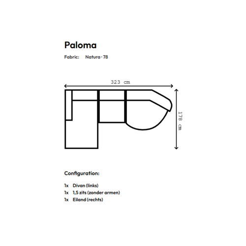 COMF Collection Paloma Zetel - Opstelling: Divan (links) + 1,5-zits (zonder armen) + Eiland (rechts) - in Stof: Natura, Kleur: 78 (cat.  C)