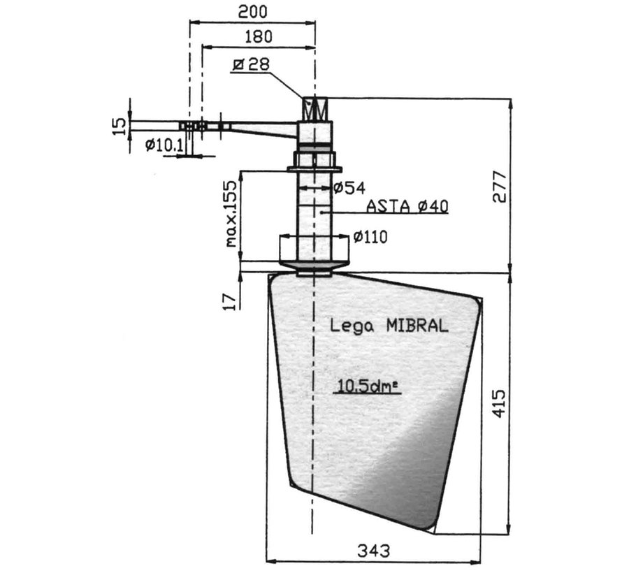 Radice Bronzen Roer type 14 /10P  voor vlakke bodem. bootlengte: 8-12m