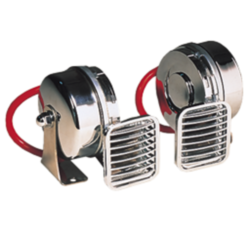 Allpa  Messing verchroomde elektromagn. scheepshoornset  2-tonig  105mm  12V (110dB(A)-410/490Hz)