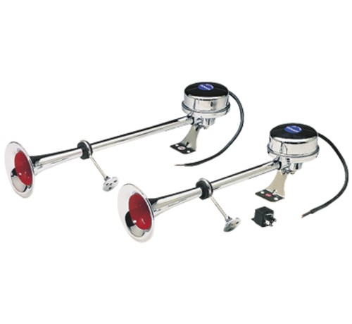 Allpa  Messing verchroomde elektromagn. scheepshoornset  2-tonig  470mm  12V (115dB(A)-320/370Hz)