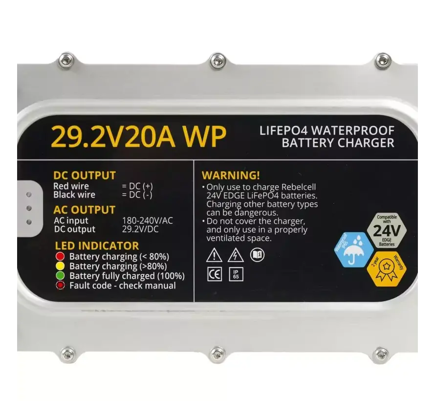 Rebelcell LiFePO4 Acculader 29.2V 20A Waterdicht (IP65)