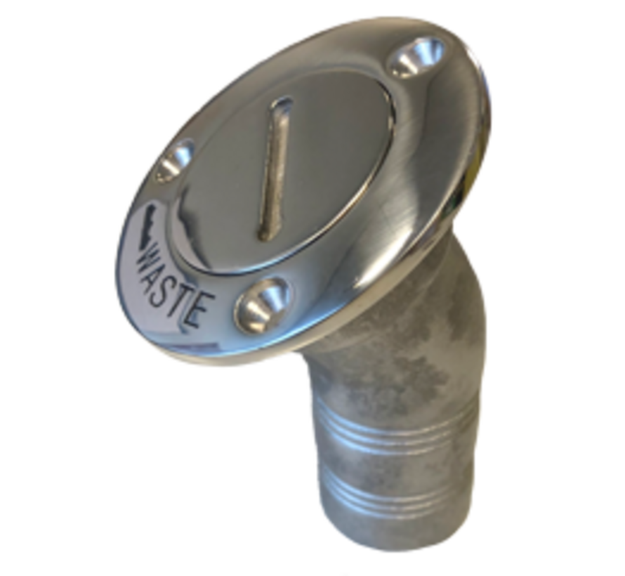 RVS Dekvuldop 'Waste'  slangaansluitingDiameter 38mm  flensDiameter 76mm  30Graden  model