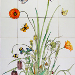 Frisiantiles Kacheltableau Schwanenblume mit Insekten III