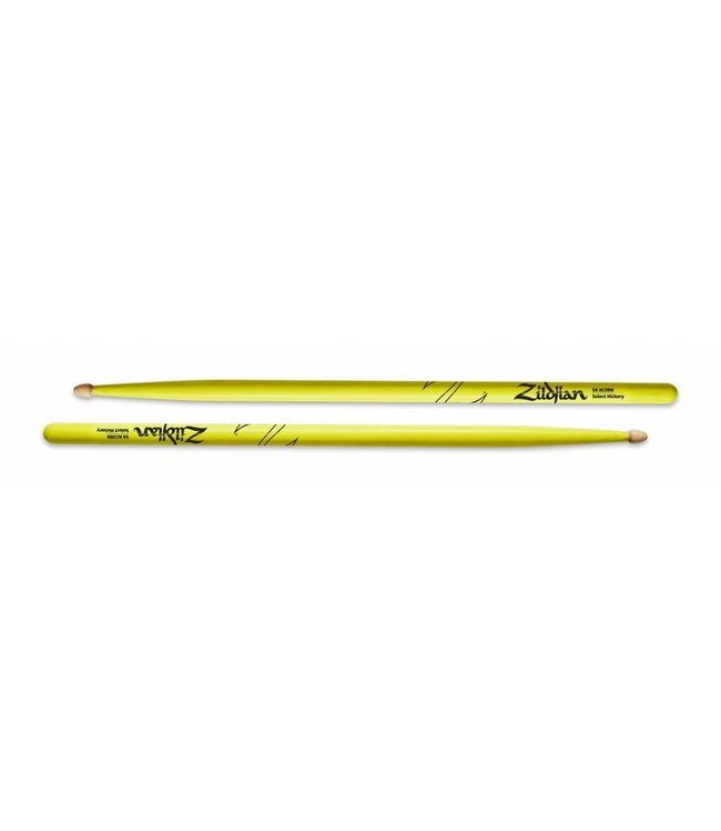 Zildjian 5AACDGY Drumsticks, Hickory Wood Tip 5A Acorn, neon yellow