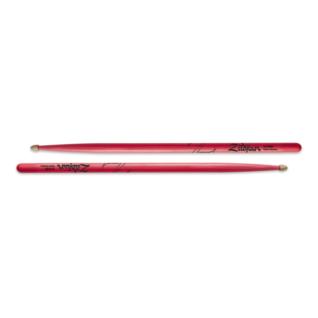 Zildjian 5ACWDGP Drumsticks, Hickory Wood Tip series, 5A Acorn, neon pink