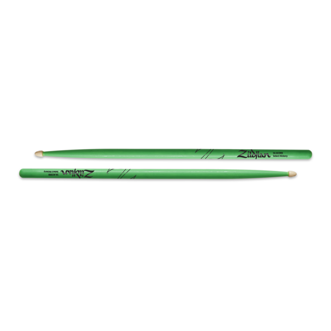 Zildjian 5AACDGG Drumsticks, Hickory Wood Tip 5A Acorn, neon green