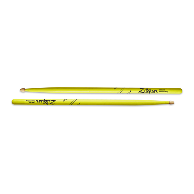 Zildjian  Z5AACDGY Drumsticks, Hickory Wood Tip 5A Acorn, neon yellow