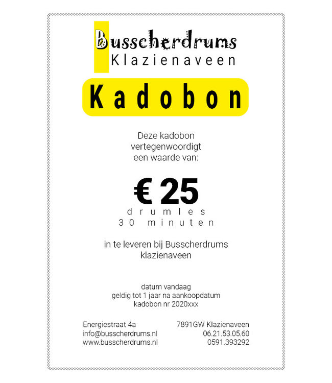 Busscherdrums Drumsles Kado-bon 30 minuten individueel