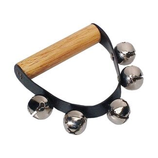 B-Percu HB-60 bellenkrans, jingle, sleigh bells met leren band en houten handvat  5 x 27mm bells