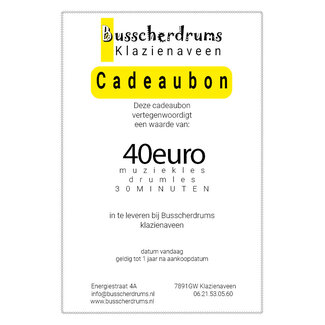 Busscherdrums Cadeaubon 1x Drumles - Muziekles  30 minuten individueel kinderen-jongeren