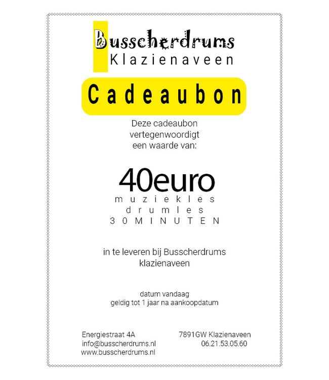 Busscherdrums Cadeaubon 1x Drumles - Muziekles  30 minuten individueel kinderen-jongeren