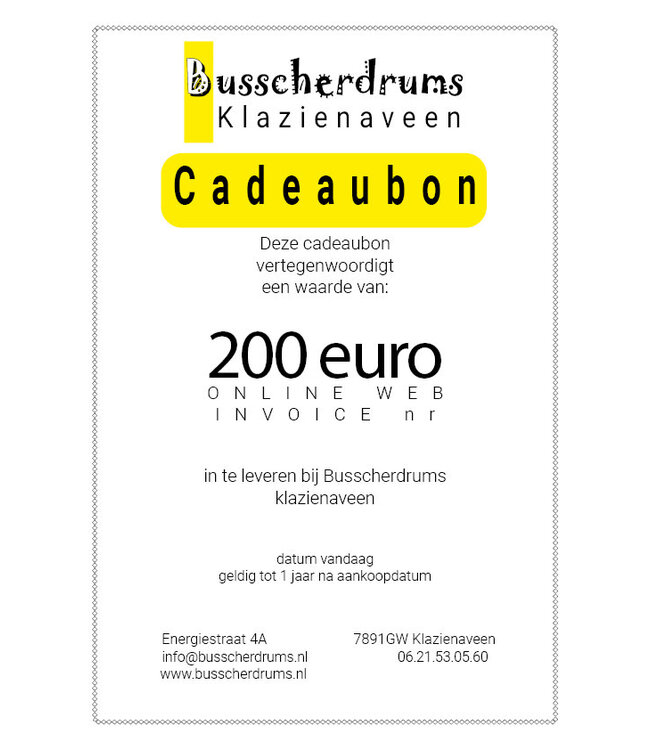 Busscherdrums Cadeaubon €200,- te besteden bij Busscherdrums