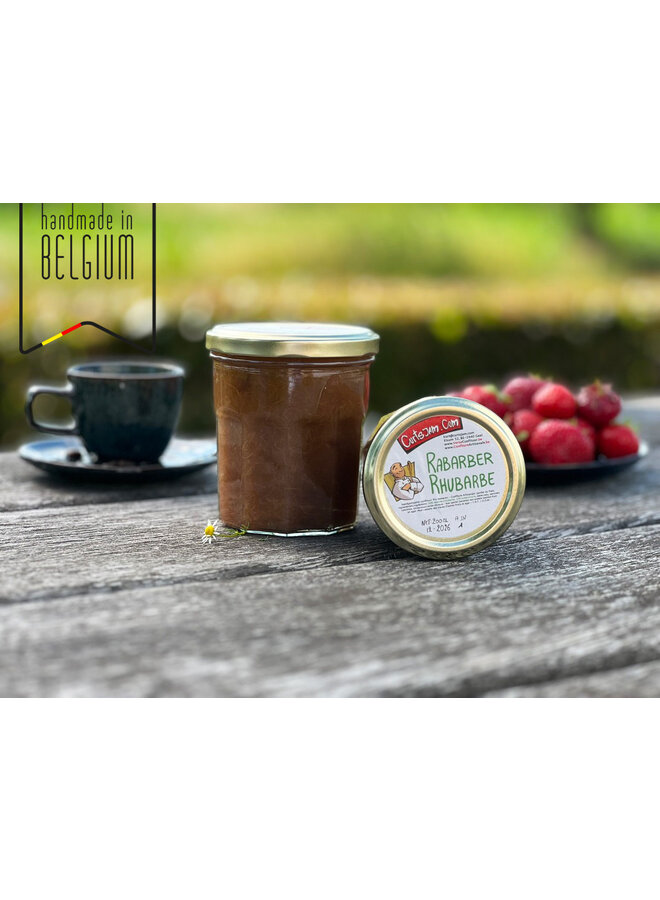Confiture de rhubarbe artisanale au goût acidulé, préparée avec moins de sucre.