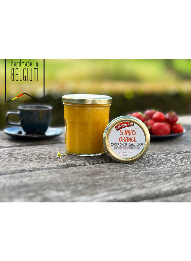A zesty orange jam without added sugar, handmade and sweetened with tagatose. Pure citrus joy with fewer calories.