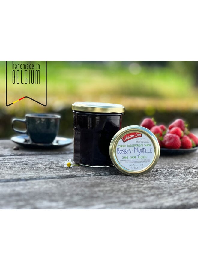 Confiture artisanale à la myrtille, sans sucre ajouté, sucrée avec tagatesse. Pour ceux qui recherchent une douceur légère mais pleine de goût.