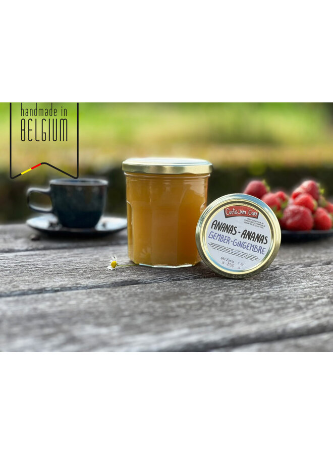 Une confiture tropicale au goût relevé : la douceur de l’ananas mariée à la chaleur du gingembre. Préparée artisanalement avec moins de sucre.