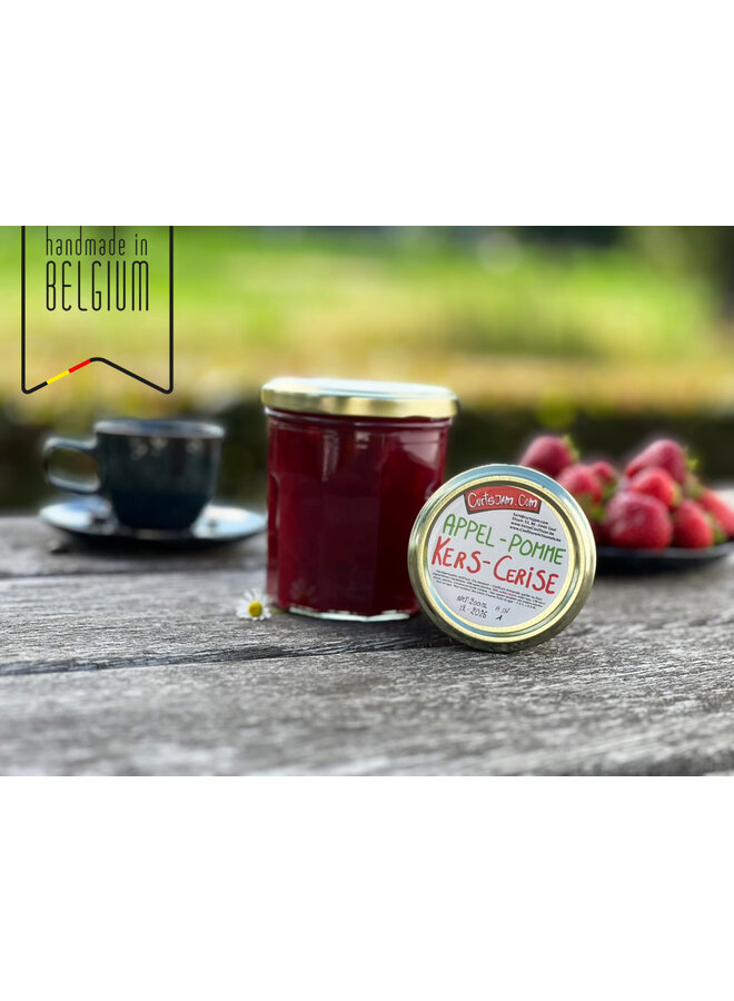 Smooth apple jam with a hint of cherry. Fruity and handcrafted, perfect for toast, pastries or as a light sweetener in breakfast dishes.