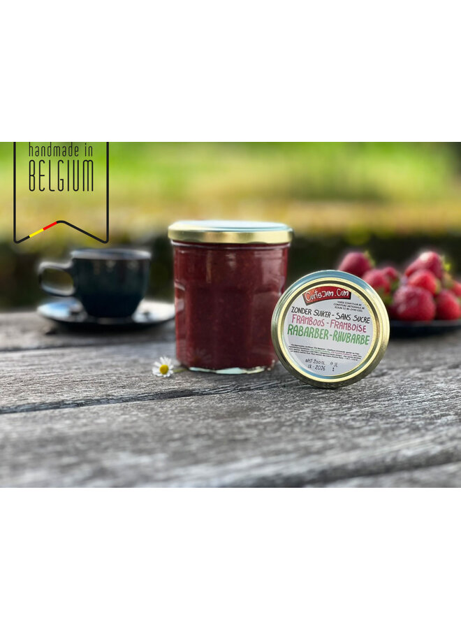Confiture artisanale à la framboise et rhubarbe, sans sucre ajouté. Sucrée à la tagatesse. Fruité, acidulé et léger.