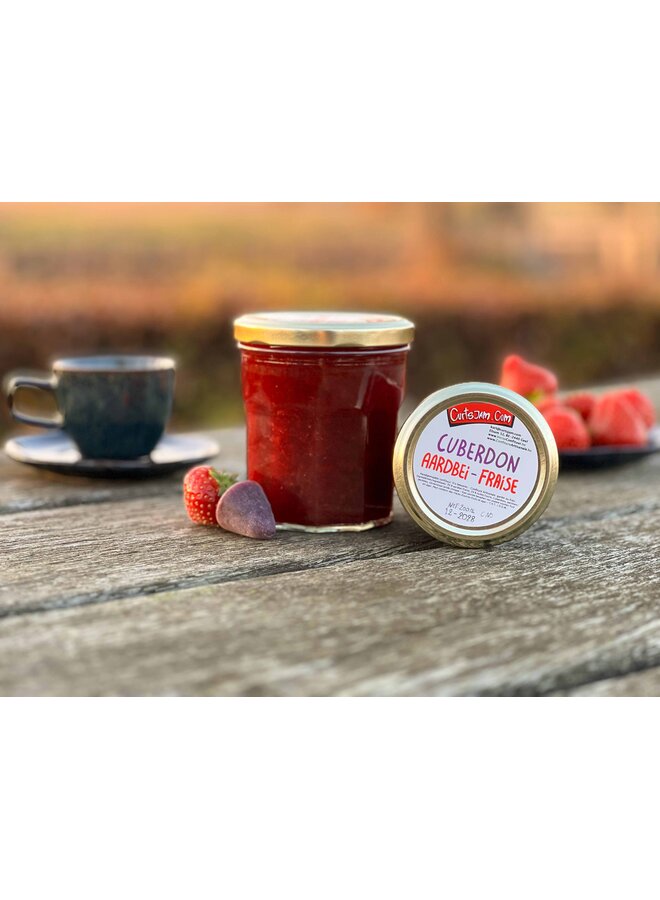 Une confiture belge artisanale alliant la fraise sucrée à la douceur typique du cuberdon. Moins de sucre, plus de goût.