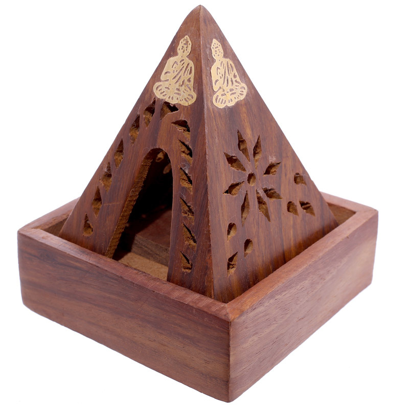 Sheesham Hout Piramide Kegeltjes Wierookhouder - Boeddha