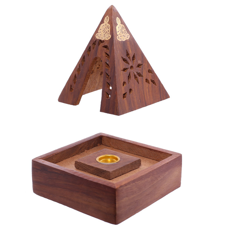 Sheesham Hout Piramide Kegeltjes Wierookhouder - Boeddha