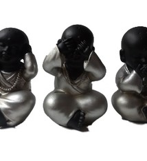 Monnik, horen, zien en zwijgen set in het zwart/zilver.