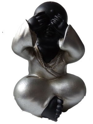 Monnik, horen, zien en zwijgen set in het zwart/zilver.